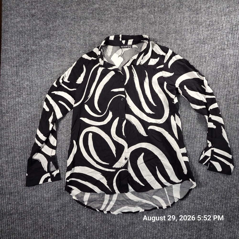 Big Dart Womens Abstract Swirl Print Button Down Shirt Black White Long Sleeve